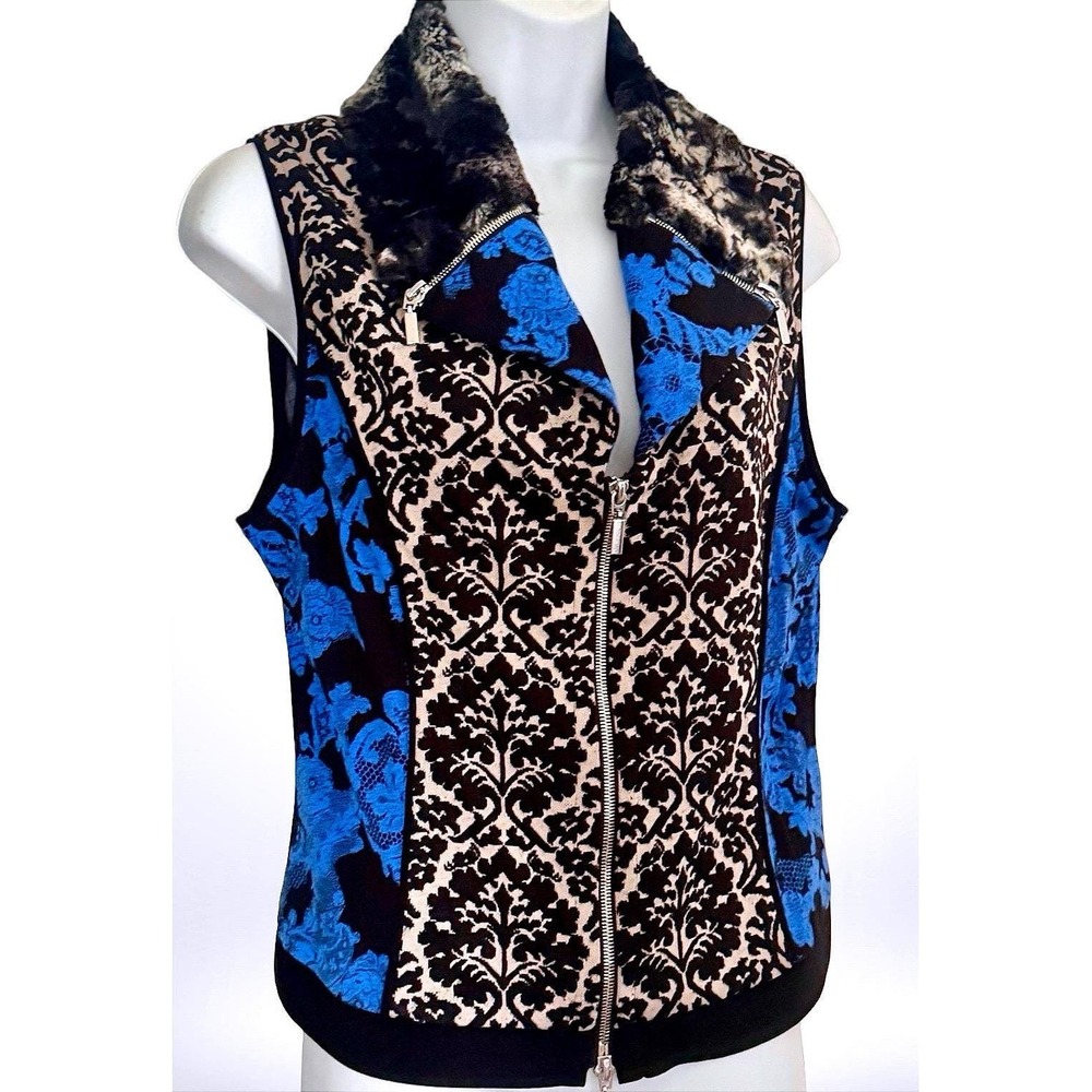 Joseph Ribkoff Womens VTG Blue Damask Floral Faux Fur Collar Vest Size 10 32801